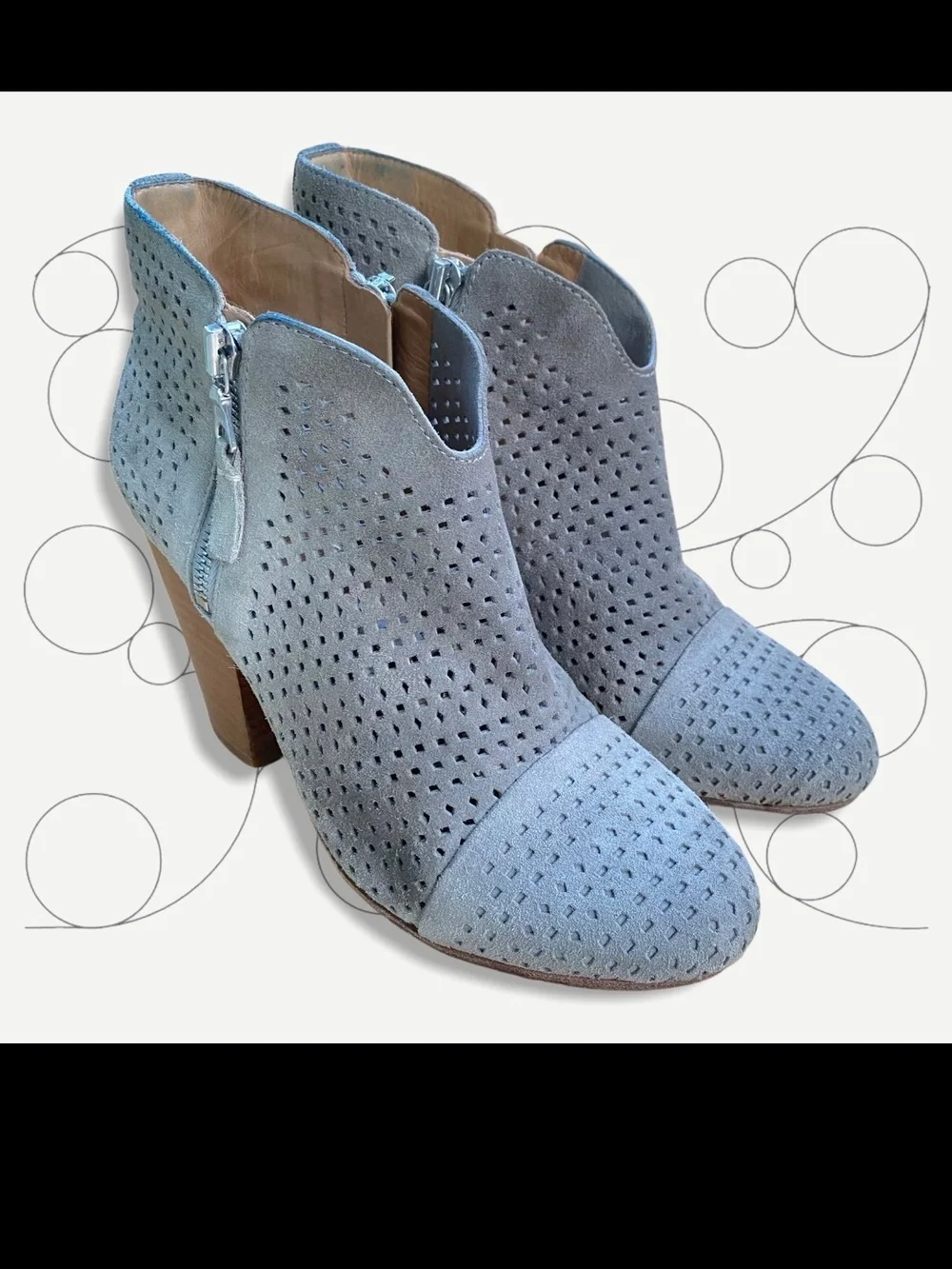 Rag & Bone Cloud Gray Margot Perforated Ankle Booties with Wood Block Heel 6.5/7